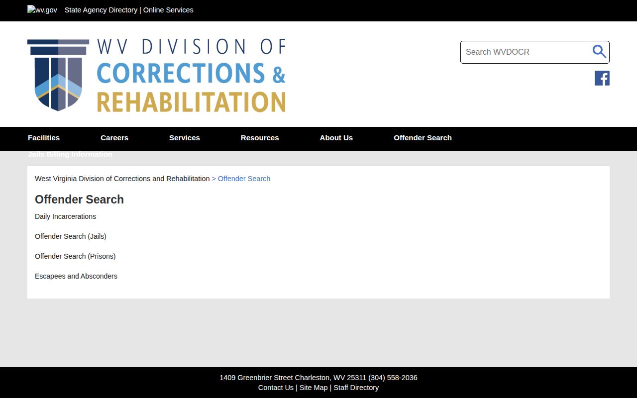 Roane County current-custody record search on the WVDCR Offender Search hub